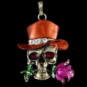 Orange Skull Pendant with Rose & Top Hat NWT-